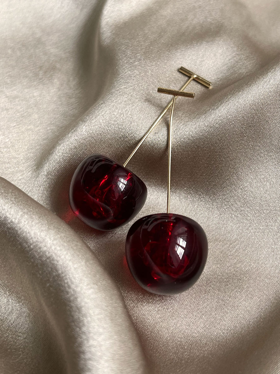 Floral Cherry Earrings - Red