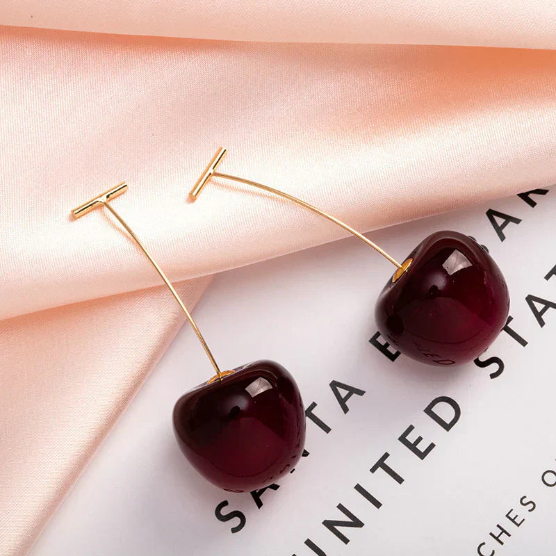 Floral Cherry Earrings - Red